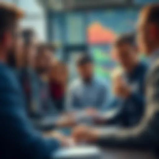A diverse group of people analyzing charts and discussing investments in a casual setting.