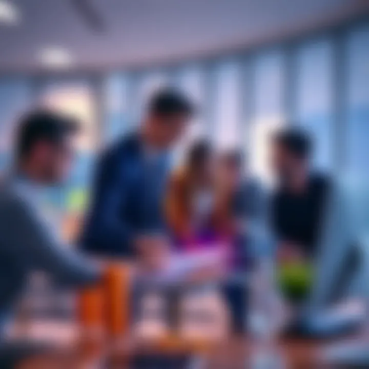 A group of investors analyzing charts and discussing potential coins in a bright office setting
