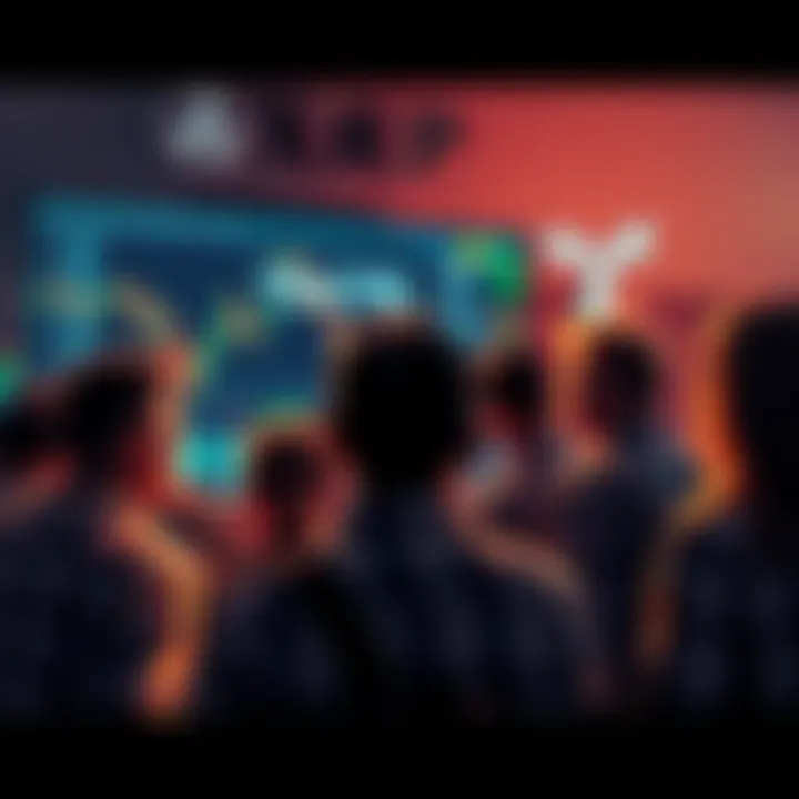 Group of worried investors looking at falling XRP prices on a screen