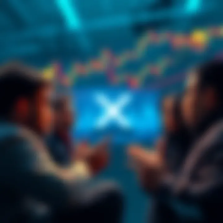 A group of anxious investors discussing XRP's price amid legal issues, with a backdrop showing stock market graphs and icons representing cryptocurrencies.