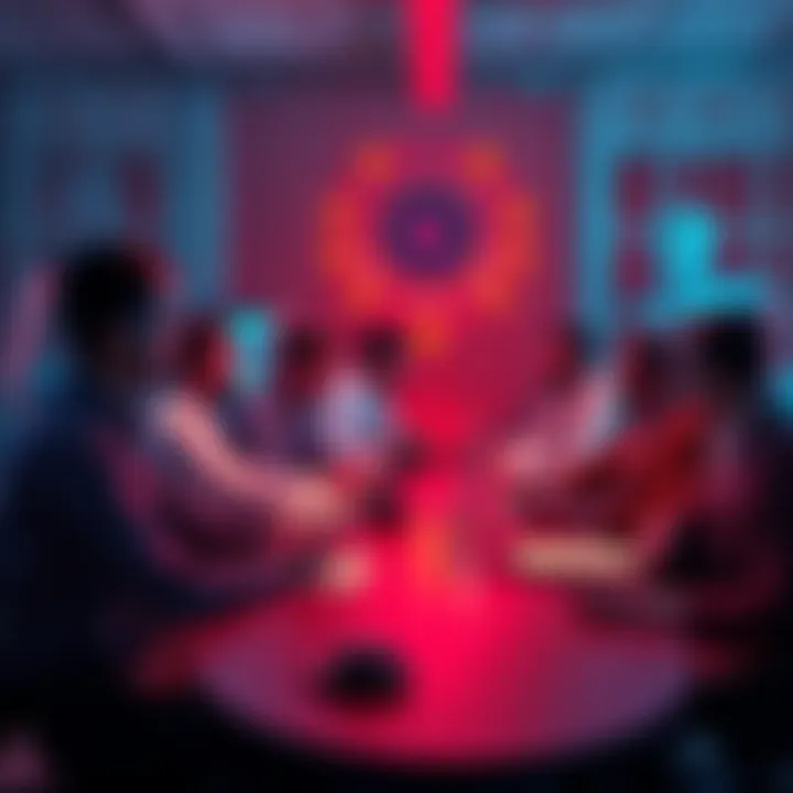 Group of investors discussing cryptocurrency losses and shifting focus to artificial intelligence at a conference table