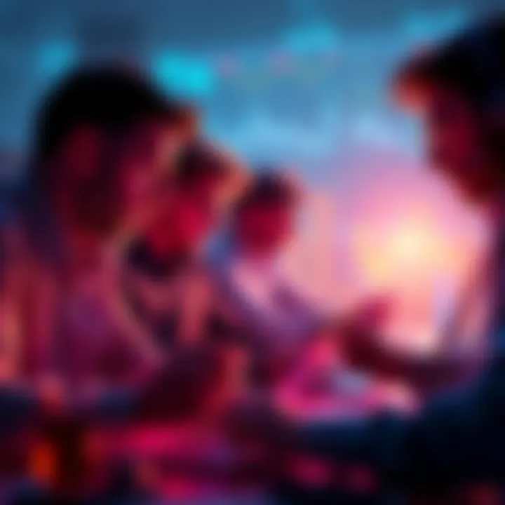 A group of investors reviewing charts and cryptocurrency data on laptops, focusing on lesser-known coins