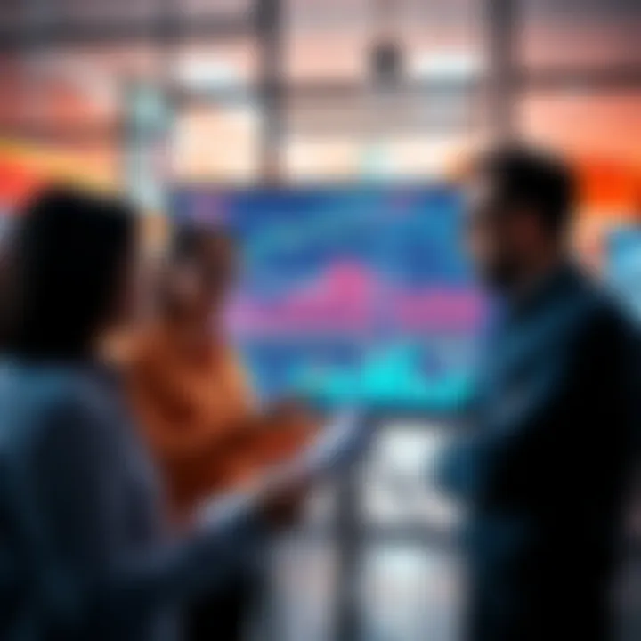 Group of investors discussing strategies while looking at charts and graphs on a screen in a modern office setting