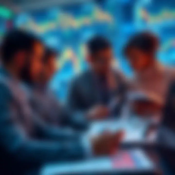 A group of investors studying charts and graphs to understand market trends and DCA strategies during a bear market