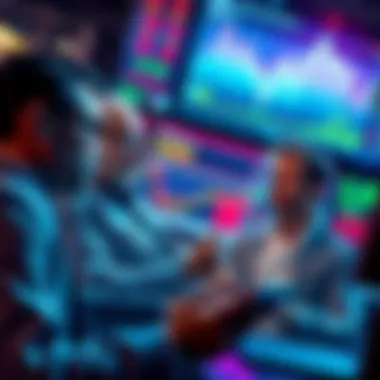 Investors Analyzing Market Trends A group of investors looking at charts and data on screens, discussing market forecasts
