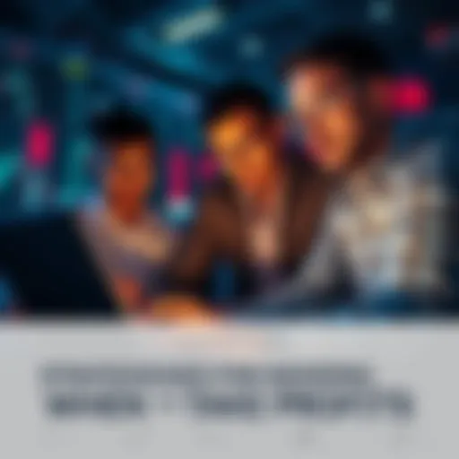 A group of investors looking at stock market charts on a laptop, discussing when to take profits from trades.