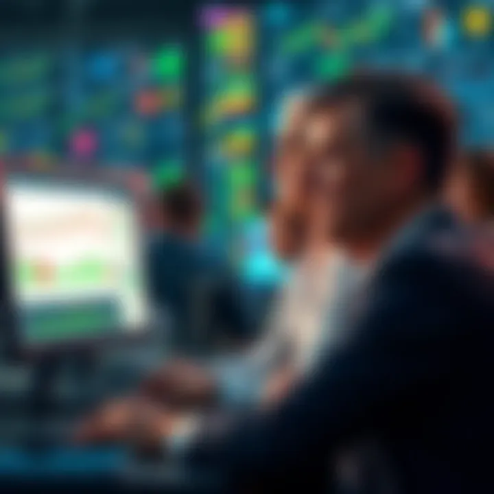 A group of people looking at computer screens displaying charts and graphics related to TrumpCoin investments, expressing mixed emotions about their financial returns.