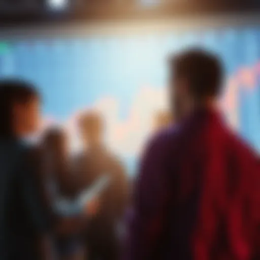 A group of investors discussing market trends with a chart showing a downward trend in the background.