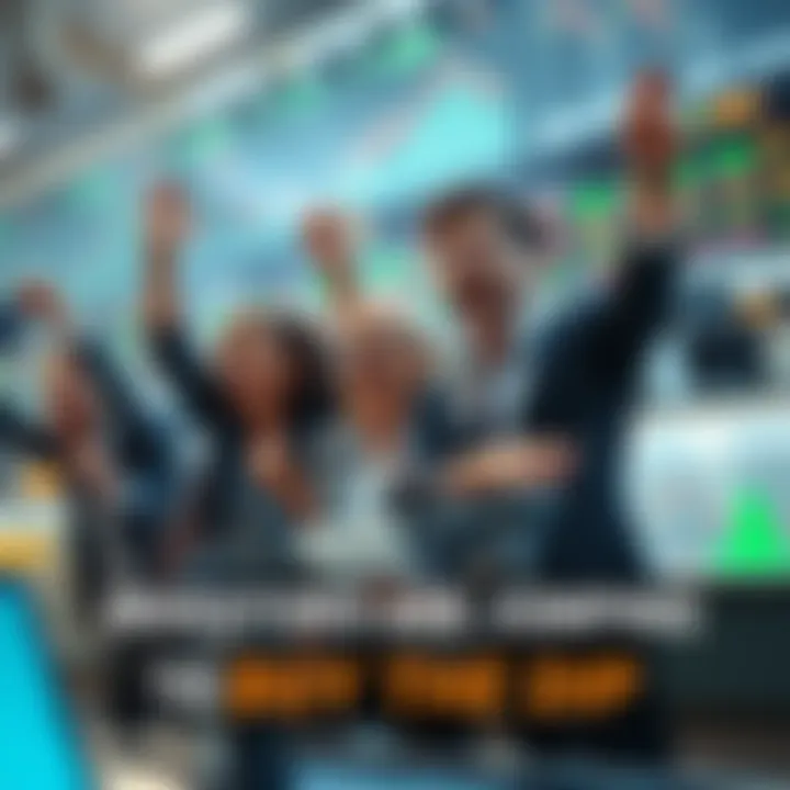 Group of investors excitedly purchasing stocks during a market downturn, showing optimism and strategy