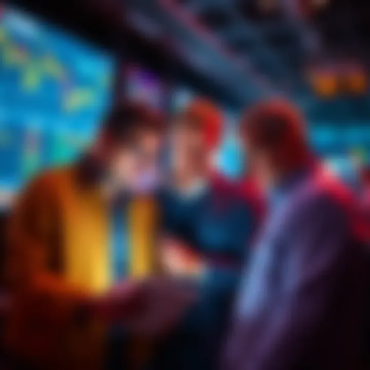 Group of investors examining stock charts and buying opportunities during a market decline