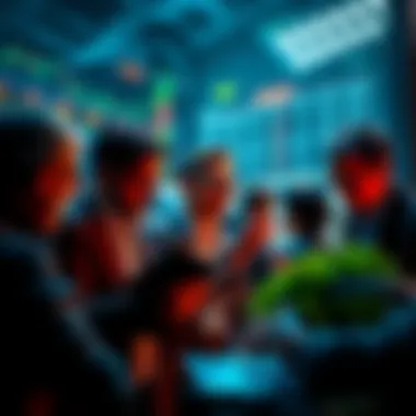 A group of investors eagerly looking at stock graphs and making purchases during a bear market.