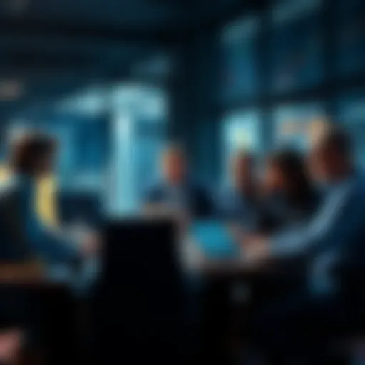 A group of investors gathered around a table, analyzing charts and graphs on laptops, looking for the next big investment trend