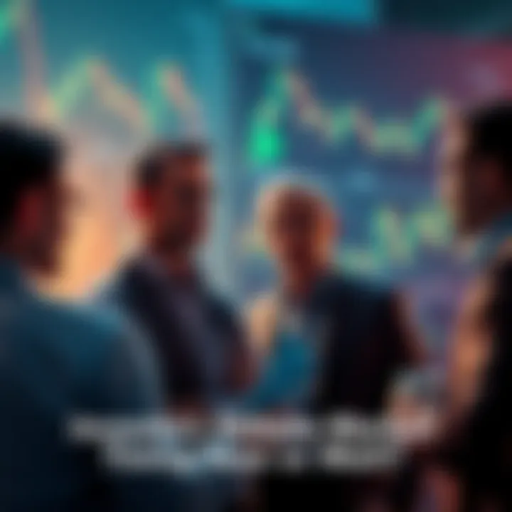 Investors discussing strategies Group of investors debating whether to buy stocks now or hold cash, with charts and graphs in the background