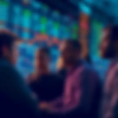 A group of people looking at cryptocurrency charts on screens, showing a mix of concern and determination during a market downturn.