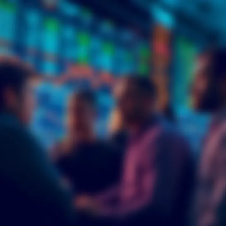 A group of people looking at cryptocurrency charts on screens, showing a mix of concern and determination during a market downturn.