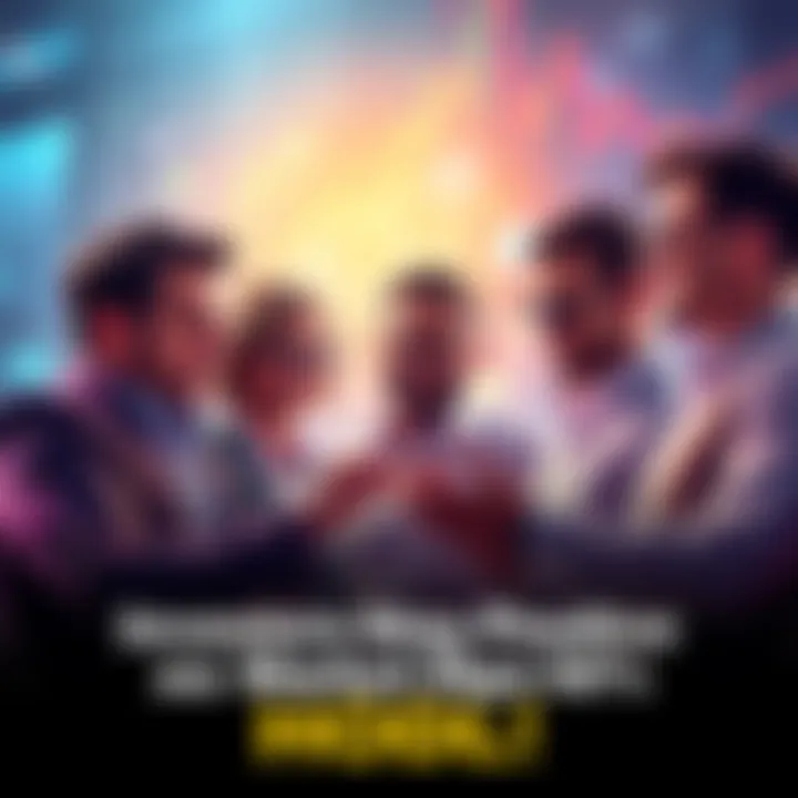 Group of investors confidently discussing market strategies while looking at charts showing a 60% drop