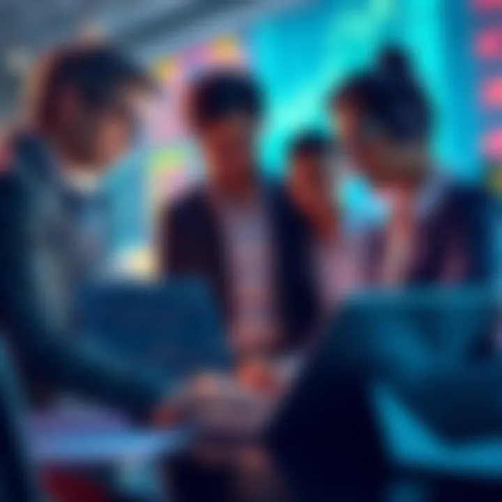 A group of investors discussing strategies over a laptop with financial charts displayed.