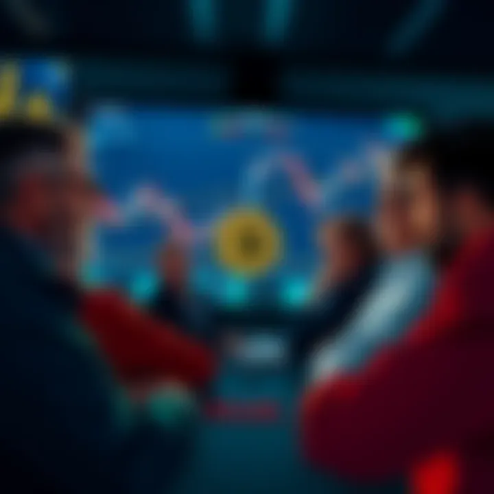 Investors Reflecting on Bitcoin A group of people discussing their experiences with Bitcoin investments, showing mixed feelings of pride and regret, with Bitcoin charts displayed on a screen in the background.