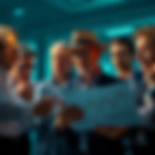 A group of investors looking thoughtfully at stock charts and patent documents, showing mixed emotions of hope and sadness.