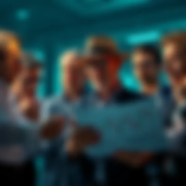 A group of investors looking thoughtfully at stock charts and patent documents, showing mixed emotions of hope and sadness.