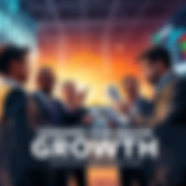 A group of investors discussing charts and graphs, expressing eagerness for market growth