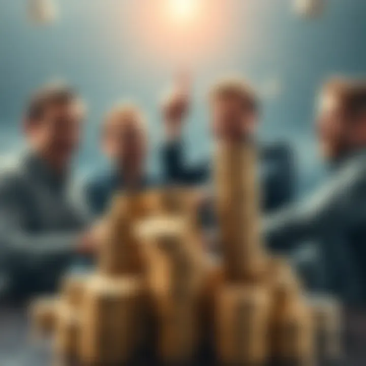 A group of investors enthusiastically stacking coins while collaborating on a strategy for 2025.