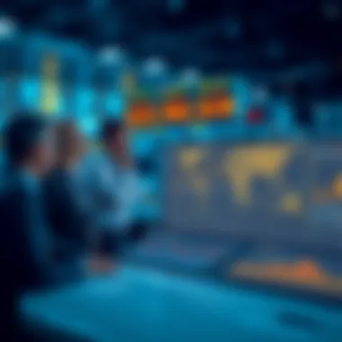Investors Watching AI Labs A group of investors discussing over graphs and charts depicting financial trends in AI companies, showcasing significant losses yet ongoing investments.