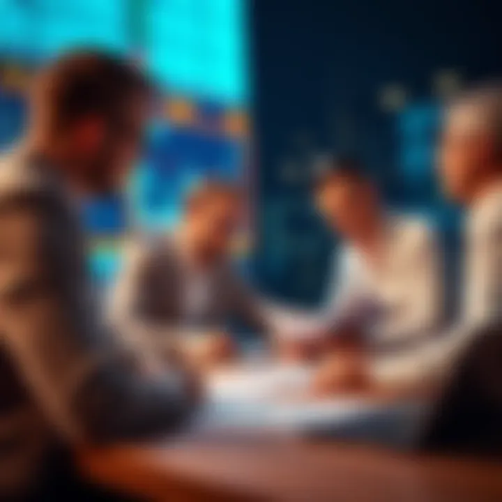 A group of investors analyzing small cap stocks with charts and financial reports on a table