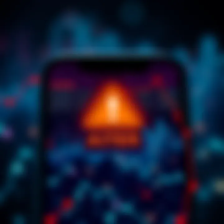 An illustration showing a warning sign on an iPhone screen, depicting phishing threats related to cryptocurrency scams.