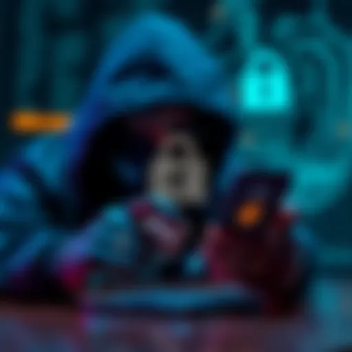 A hacker is shown targeting an iPhone, focusing on cryptocurrency wallet recovery phrases, with a digital lock symbol in the background.