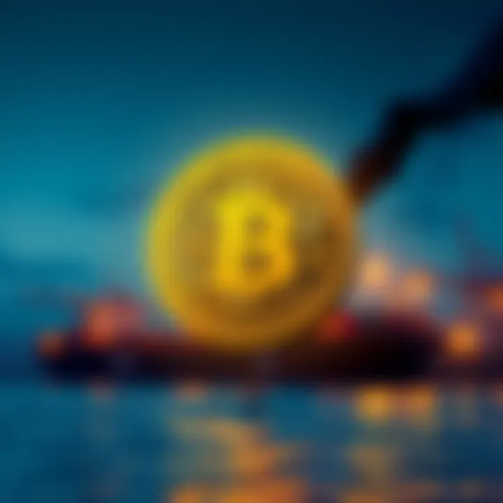A graphic showing Bitcoin symbol alongside an oil tanker in the Strait of Hormuz, symbolizing Iran's new payment method.