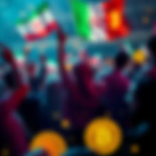 People celebrating Iran's decision to use Bitcoin amid geopolitical tensions, with Bitcoin logos and flags in the background.