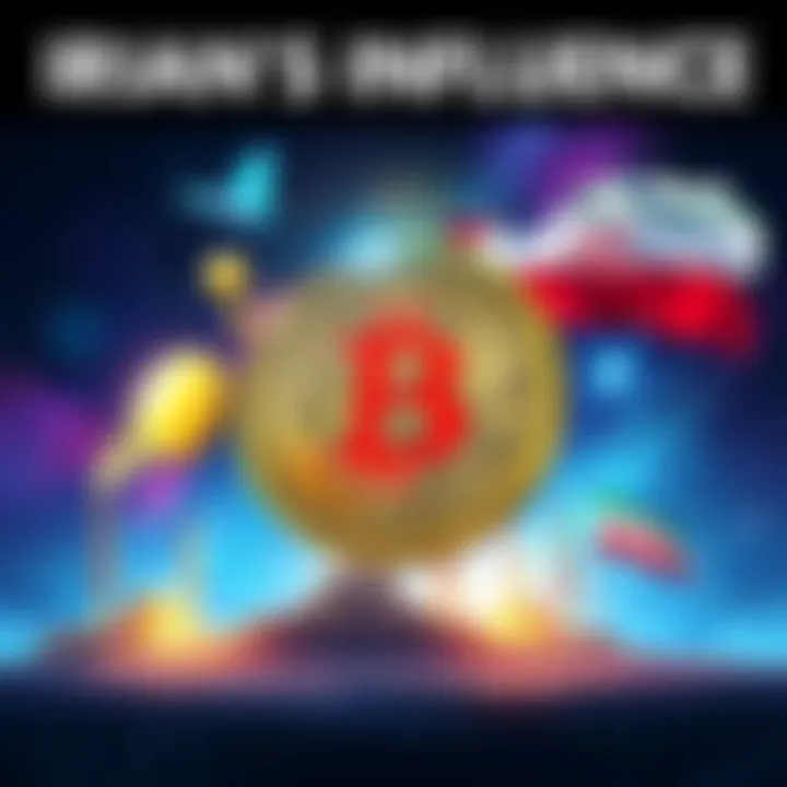 An illustration showing Bitcoin alongside Iranian symbols, depicting the connection between Iran's energy resources and cryptocurrency growth.
