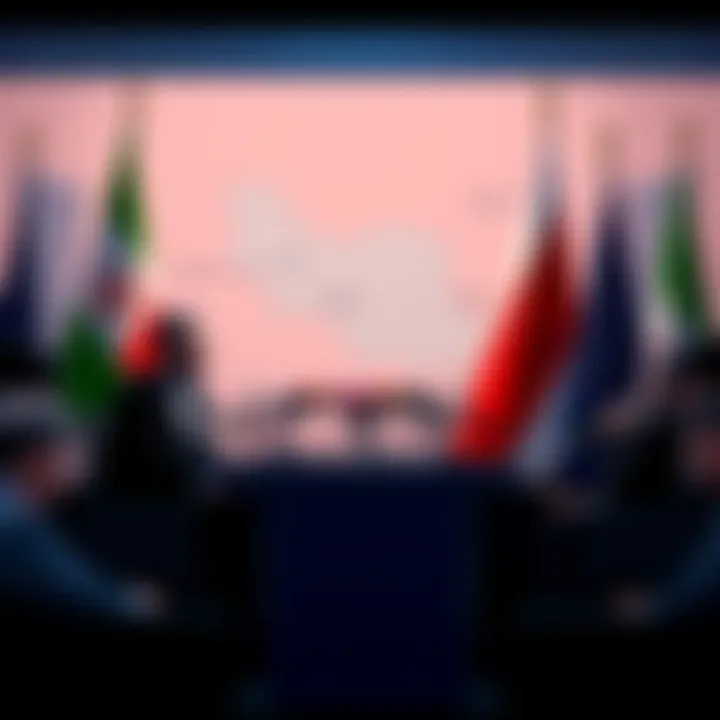 Iranian officials at a press conference outlining five demands for peace, with a map showing the Strait of Hormuz in the background.