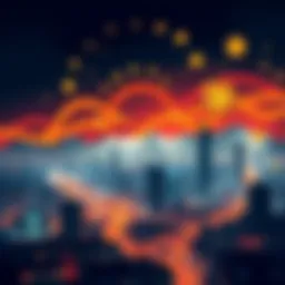 Illustration of Iran's financial activities, featuring cryptocurrency symbols and a darkened city skyline to represent the blackout.