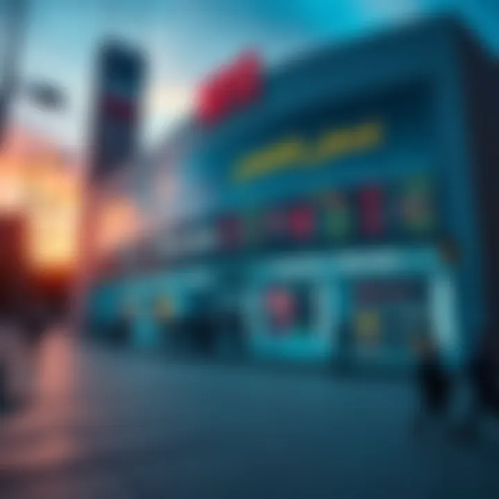 Exterior view of a large cryptocurrency exchange building in Iran, bustling with people and digital screens displaying crypto prices.