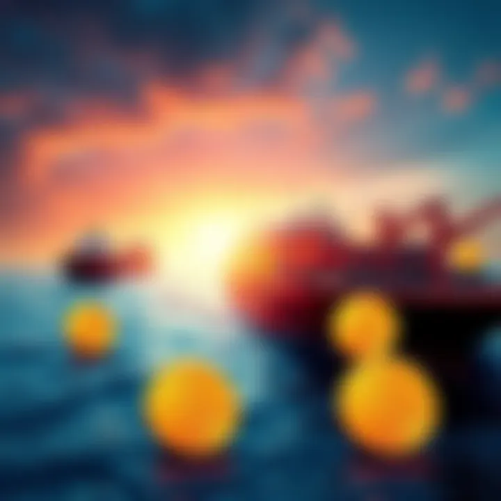 Illustration of oil tankers in the Strait of Hormuz with Bitcoin symbols representing toll fees