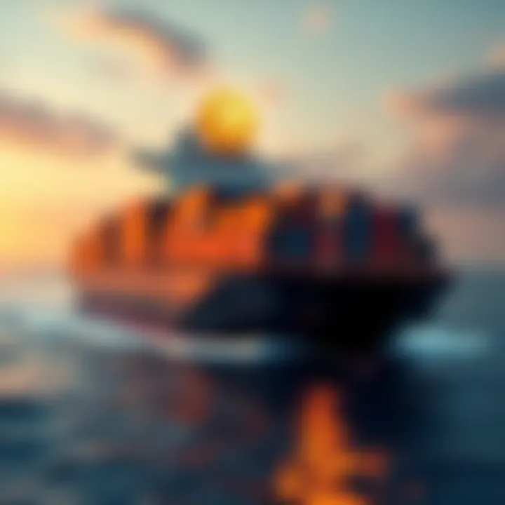 Container ship navigating through waters with Bitcoin symbol and cargo boxes representing trade without sanctions