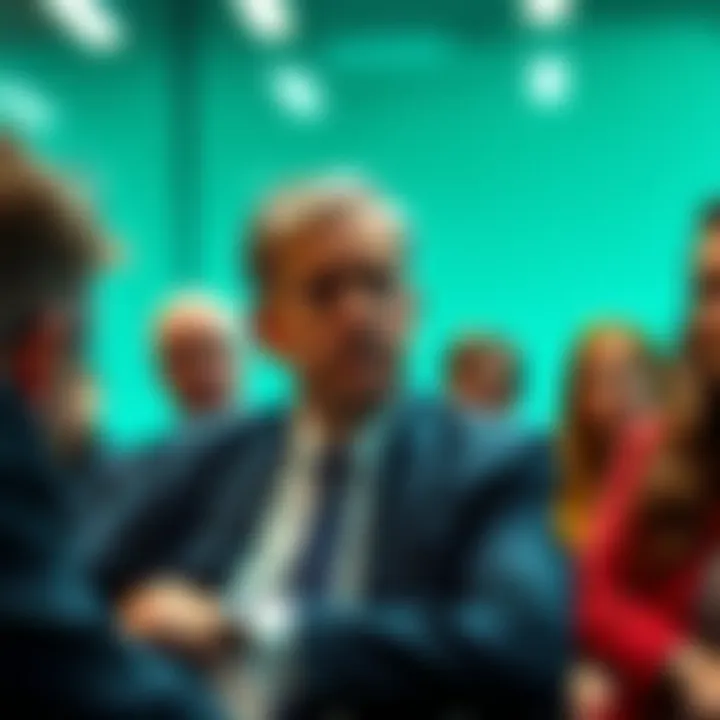 Irish Minister Questions Revolut Executive Irish Minister speaking seriously to a Revolut executive during a meeting about locked accounts, with concerned expressions from attendees