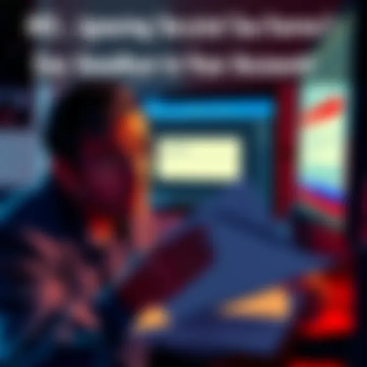 A worried person looking at tax forms related to cryptocurrency, with a computer screen showing a warning about account access.