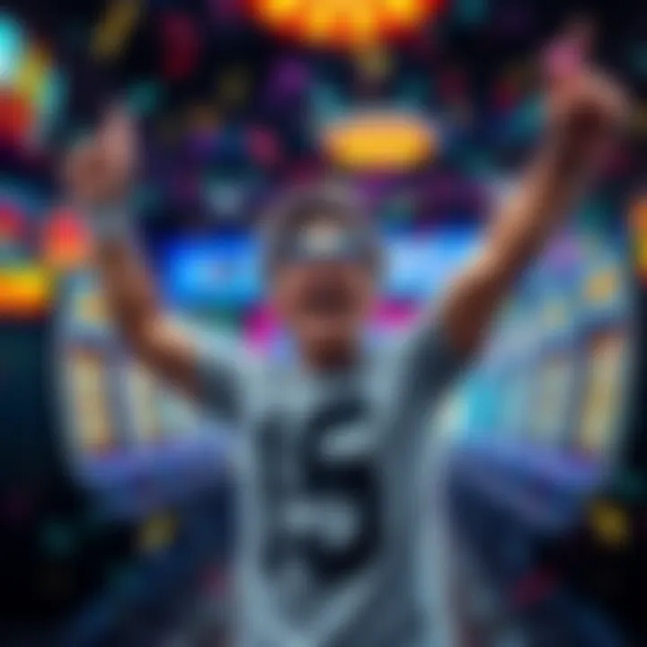 Player Celebrating Jackpot Wins A happy player celebrating after winning multiple jackpots, surrounded by colorful slot machines and confetti