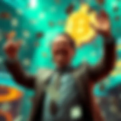 James Wynn raises his arms in joy, surrounded by dollar bills and cryptocurrency symbols, celebrating a financial triumph from his investment in PEPE.