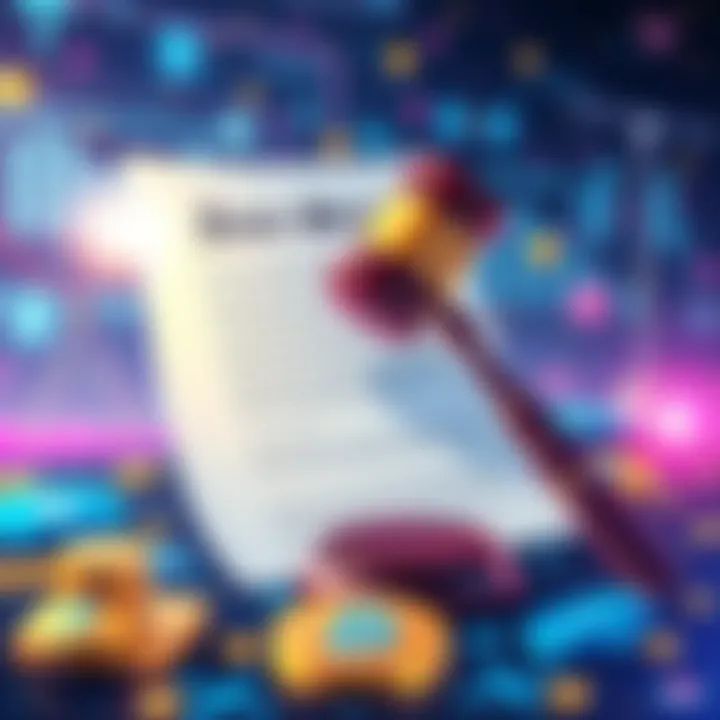 Jane Street Lawsuit Illustration A representation of a legal document with a gavel, symbolizing the lawsuit against Jane Street, surrounded by a backdrop of digital finance elements like blockchain symbols.