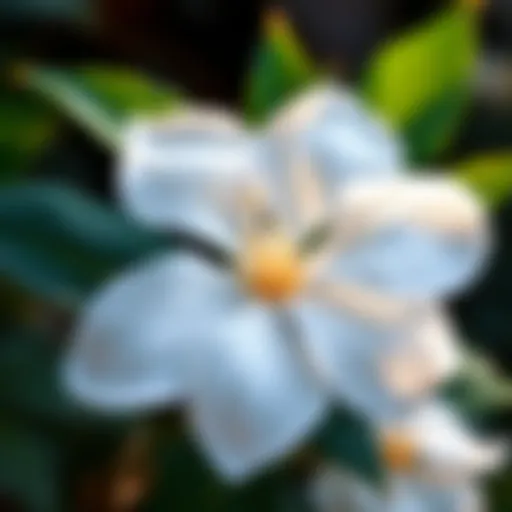 A close-up of a delicate jasmine flower with white petals and a subtle fragrance, surrounded by green leaves.