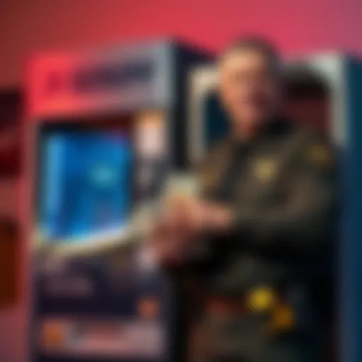 Jasper County Sheriff standing next to a Bitcoin machine holding cash recovered from it, representing the fight against cryptocurrency scams.