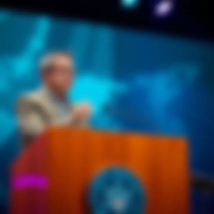 Jeff Booth speaking at a podium about the challenges of the fiat system