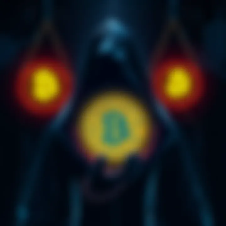 Illustration showing a shadowy figure representing Jeffrey Epstein with Bitcoin symbols in a dark web setting