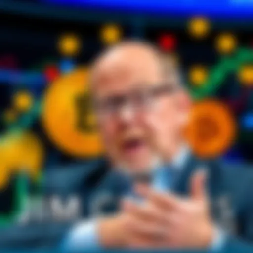 Jim Cramer speaking about the upcoming rise in cryptocurrency with visuals of crypto coins in the background