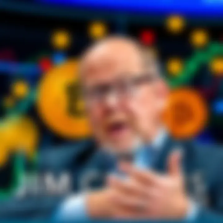 Jim Cramer speaking about the upcoming rise in cryptocurrency with visuals of crypto coins in the background