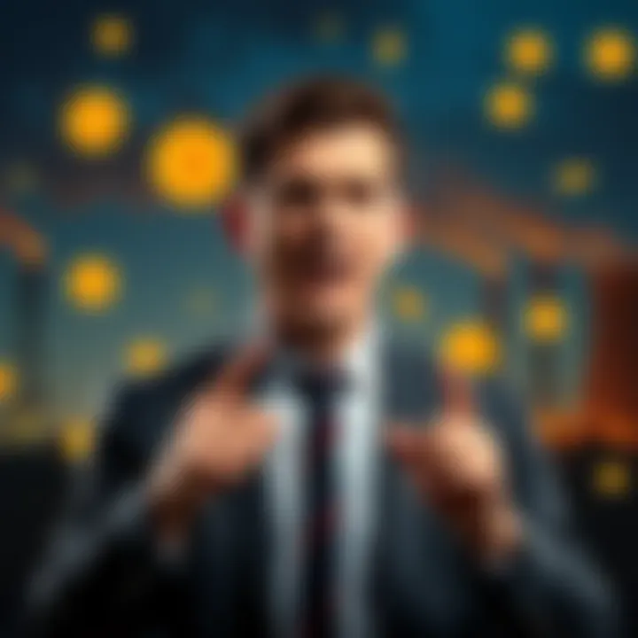 Comedian Jimmy Carr speaking about using idle power stations for Bitcoin mining, with power plants in the background and Bitcoin symbols around